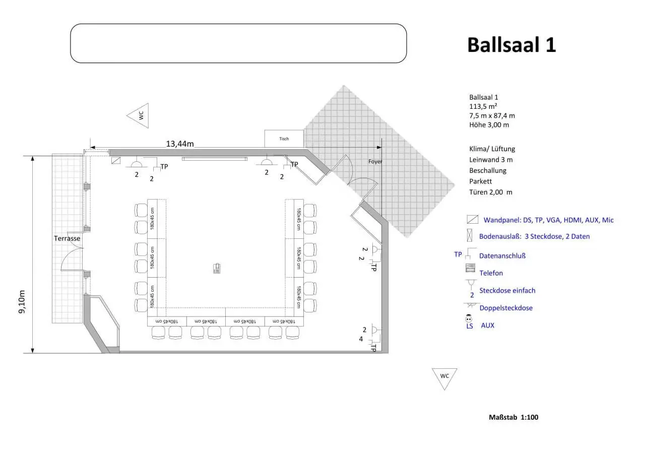 Ballsaal 1 mit moderner Ausstattung und flexibler Bestuhlung für Veranstaltungen.