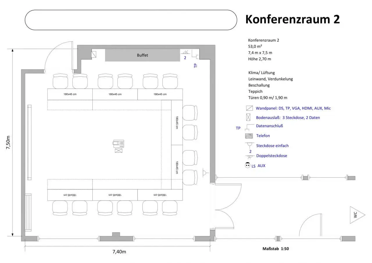 Grundriss des Konferenzraums 2 mit U-förmiger Bestuhlung, Buffetbereich und technischer Ausstattung.