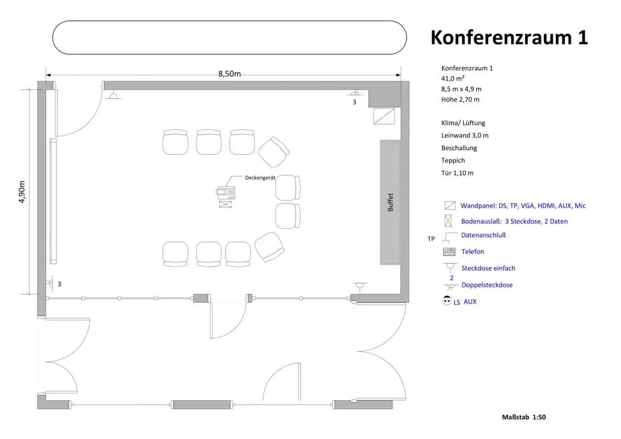 Konferenzraum 1 mit moderner Ausstattung für Meetings und Präsentationen.